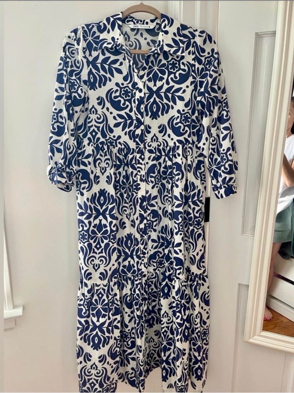 Zara Navy and White Printed Midi Dress